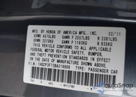 2011 Honda Accord 3.5 Ex из США, поврежденный, VIN 1HGCP3F73BA018666